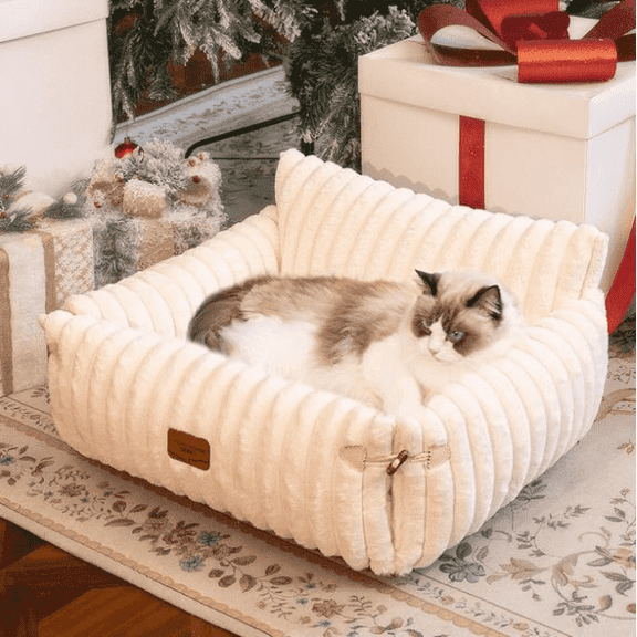 CheerPals Pet Couch Bed, 24.8" Fluffy Cat Sofa Recliner with Removable Washable Cover, Pet Lounge Suitable for Indoor Cats, Off-White