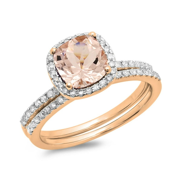 Dazzlingrock Collection 10K Cushion Cut Morganite & Round White Diamond Bridal Halo Engagement Ring Set, Rose Gold, Size 8.5