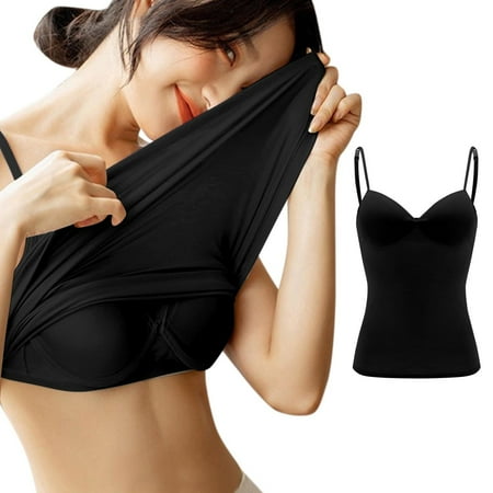 JULMCOMO Black Womens Tank Tops with Built In Bra Camisole Adjustable Spaghetti Strap Tank Tops Yoga Workout Basic Padded Undershirts S