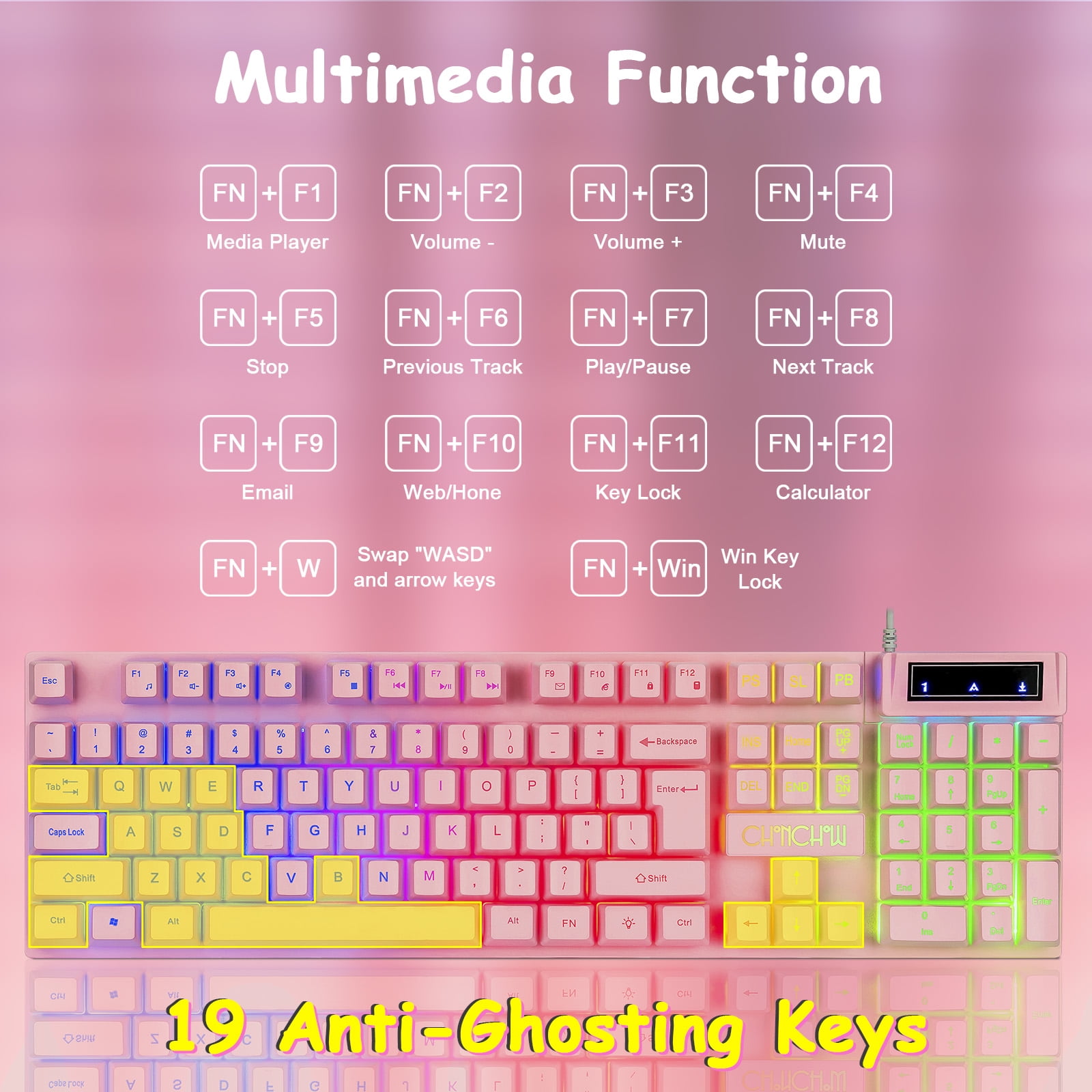 CHONCHOW Pink Gaming Keyboard and Mouse Combo, 104 Keys Wired LED Backlit, 19Anti-Ghosting, Multimedia Keys, 3600 DPI Mouse, Compatible with PC Laptop PS4  Xbox