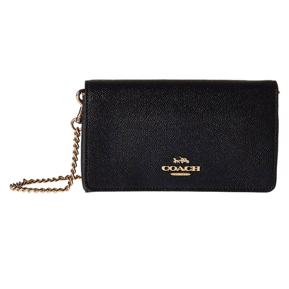 New Coach Womens Black Gold F39126 Leather Chain Crossbody Clutch Wallet  8651-4 