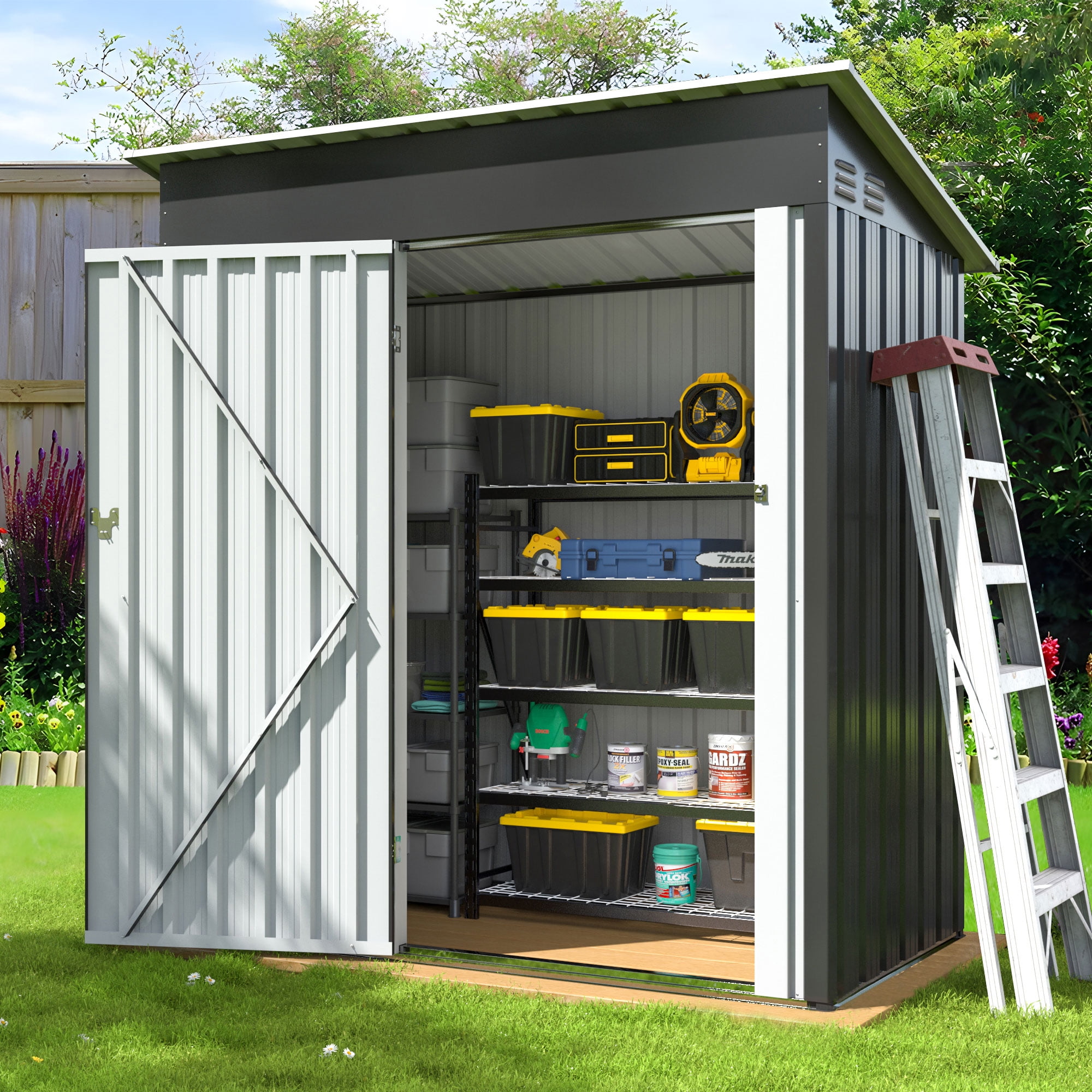 MUCHANT 5'x3' Outdoor Metal Storage Shed with Updated Frame Structure and Lockable Doors, Steel Garden Tool Sheds for Backyard, Patio, Lawn, Gray
