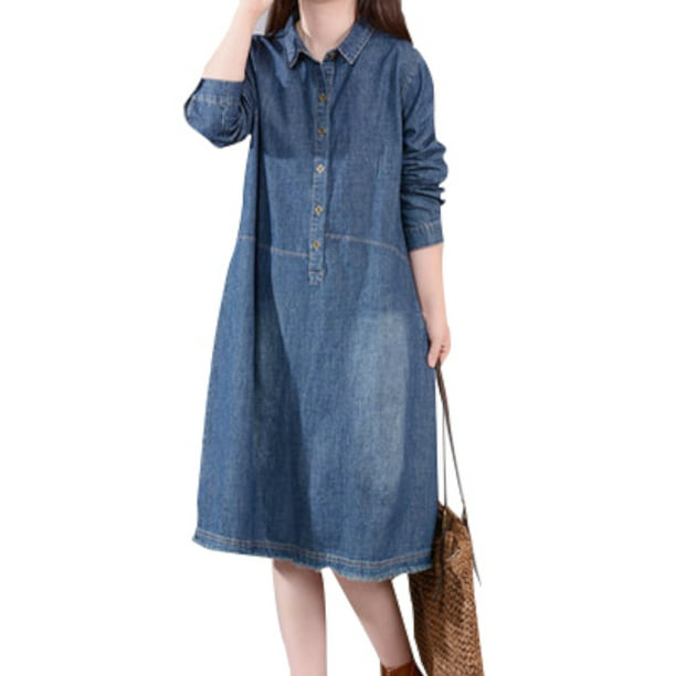 Women Blue Jeans Dress Loose Denim Tunic Casual Midi Dress Lounge Leisure Shopping Loose Dress Skirts for Ladies Girls