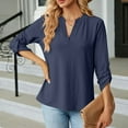 thumbnail image 2 of MIXUE Womens Summer Tops Summer Solid Color V Neck 3/4 Sleeve Loose Casual T-shirts Holiday Wear,Blue,S, 2 of 5