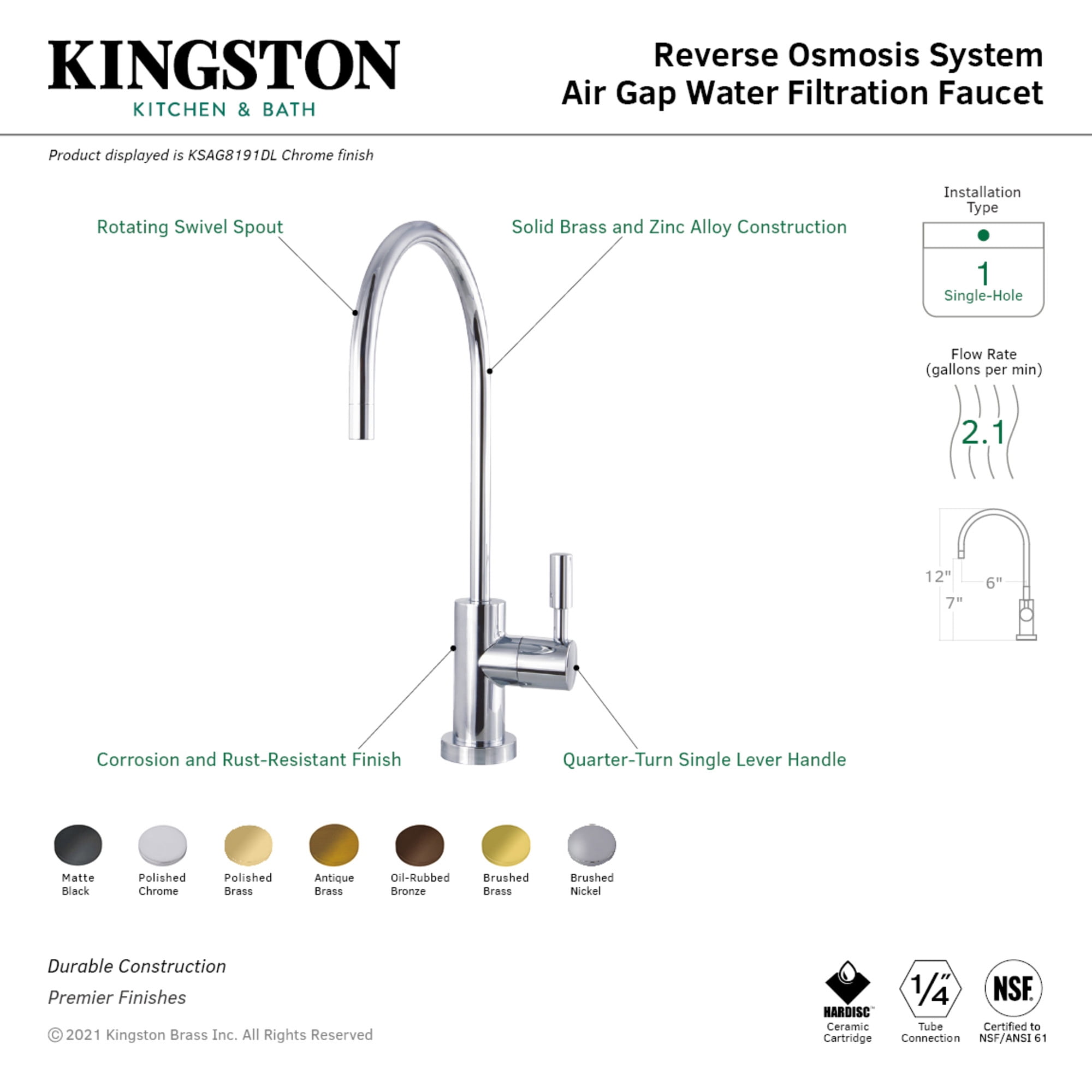 Kingston Brass KSAG8197DL Concord Single-Handle 1-Hole Deck Mount Water Filtration Faucet in Brushed Brass