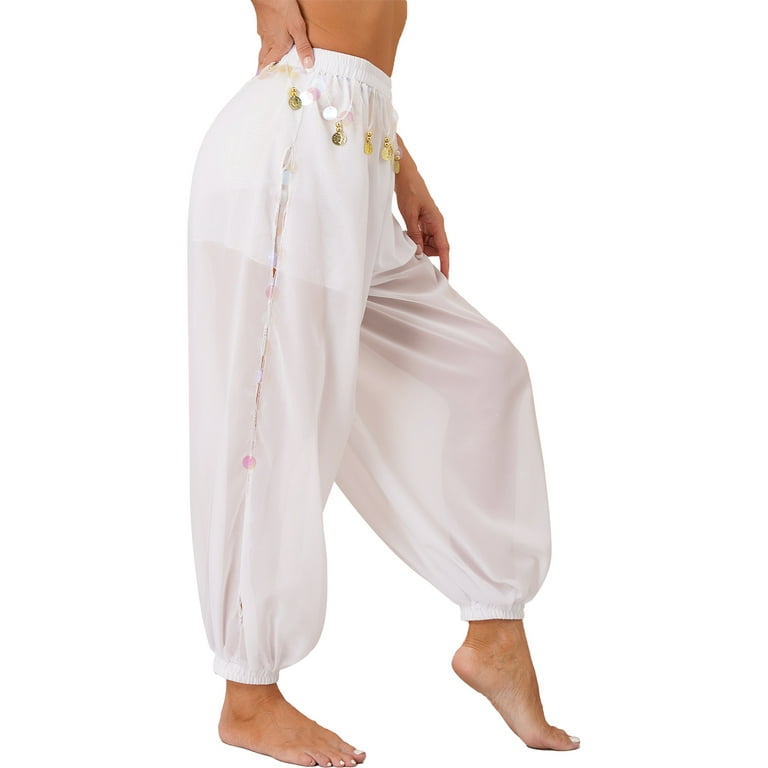 Belly Dance See Through Sheer Harem Yoga Genie Pants Side Slit Trousers  Costumes