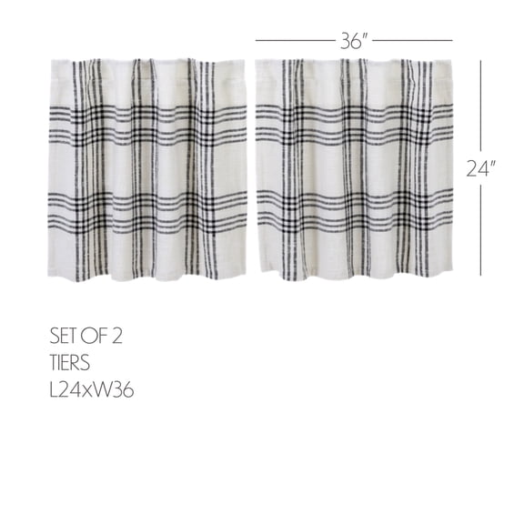 VHC Brands Plaid Tier Curtains, Black, 24x36, Set of 2
