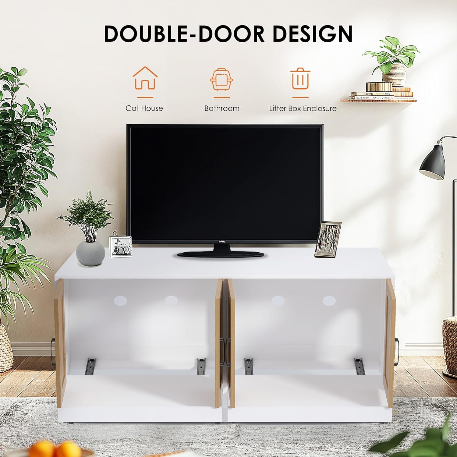 Homhougo Litter Box Enclosure for 2 Cats, 47.2" Large Wood Hidden Litter Box Furniture for 2 Boxes with Sisal Doors and Sliding Drawers, Indoor Cat House TV Stand White