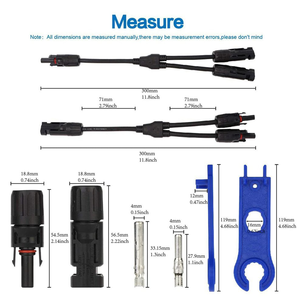 Ruikarhop MC4 Connectors Y Branch 1 to 2 Parallel Adapter Cable Wire Plug,MC4 Assembly Tool and 5 Pair MC4 Male/Female Solar Panel Cable Connectors 