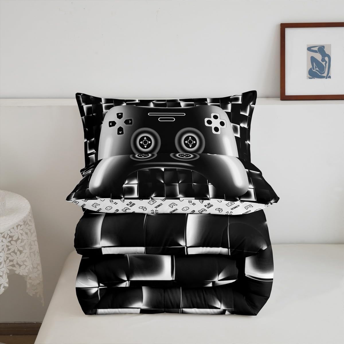 Erosebridal Gaming Comforter Teens Game Bedding Set Gamer Comforter Set For All Season Gamepad Room Decor Duvet Quilt Twin Size,1 Comforter With 1 Pillowcase Neon Black White Grey