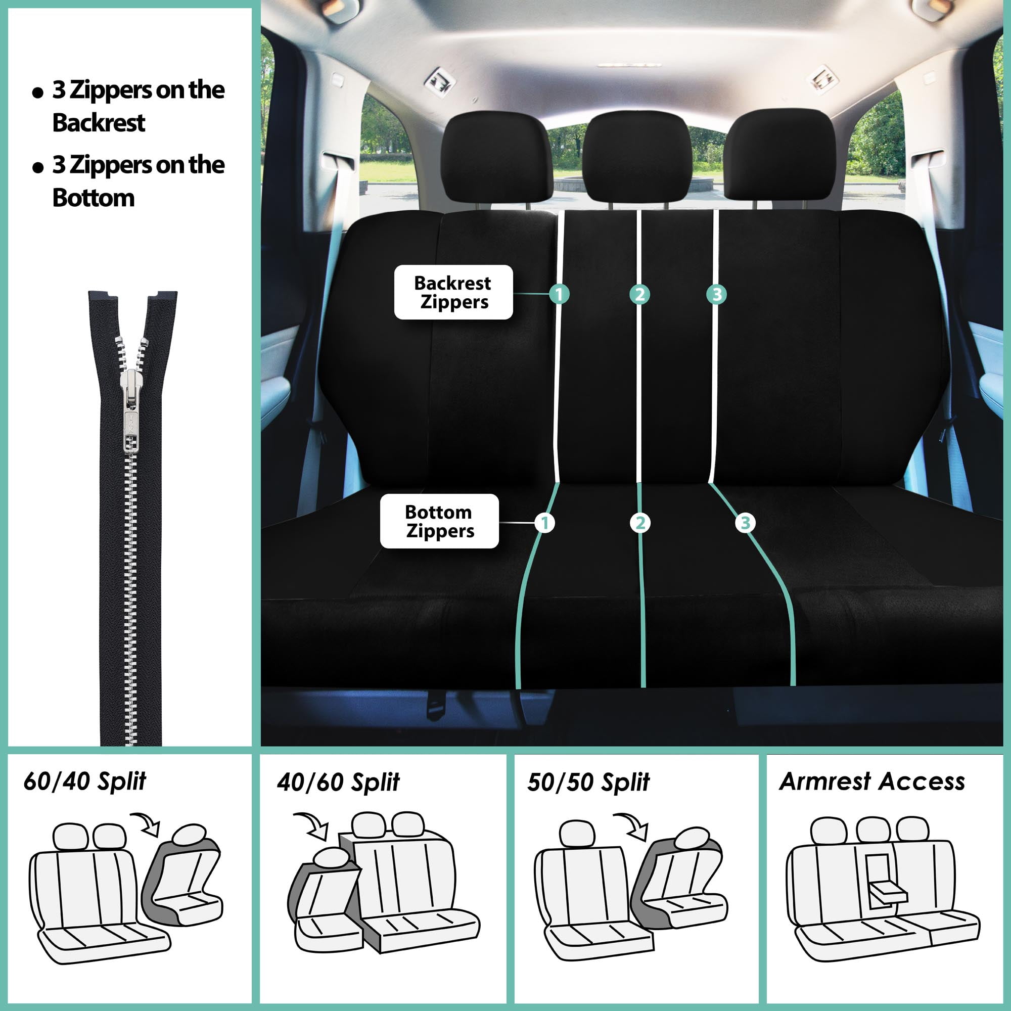 FH Group Universal Fit Cloth Car Seat Covers w/ Steering Cover & Belt Pads Full Set Black
