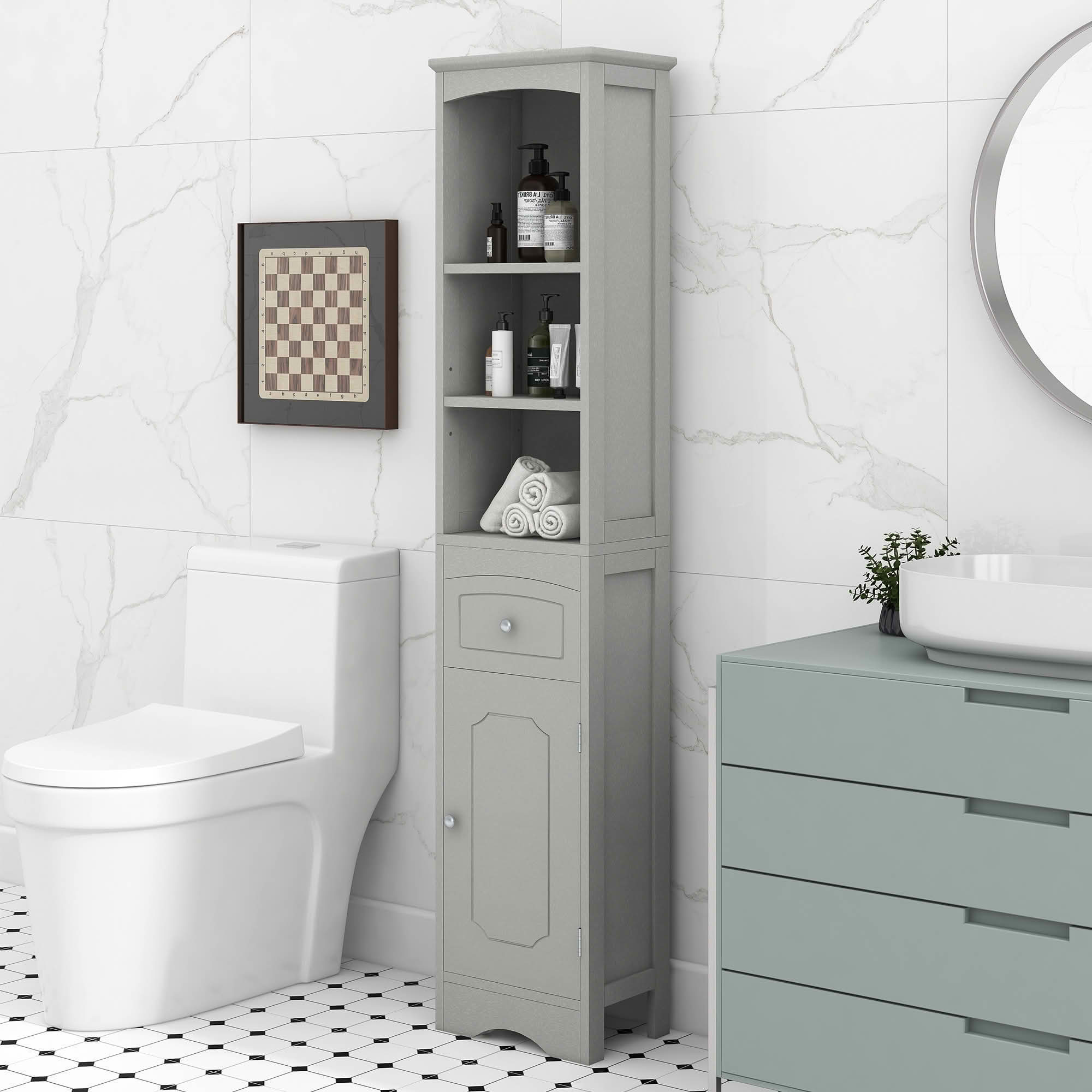 MAYEERTY Tall Bathroom Cabinet Freestanding Storage Drawer MDF Adjustable Shelf Gray
