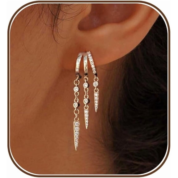 Dangle Earrings for Women,14k Gold Plated Triple Huggie Stud Earrings Cute Statement Chain Earring Dainty Drop Earrings for Women Trendy Gold Plated Jewelry