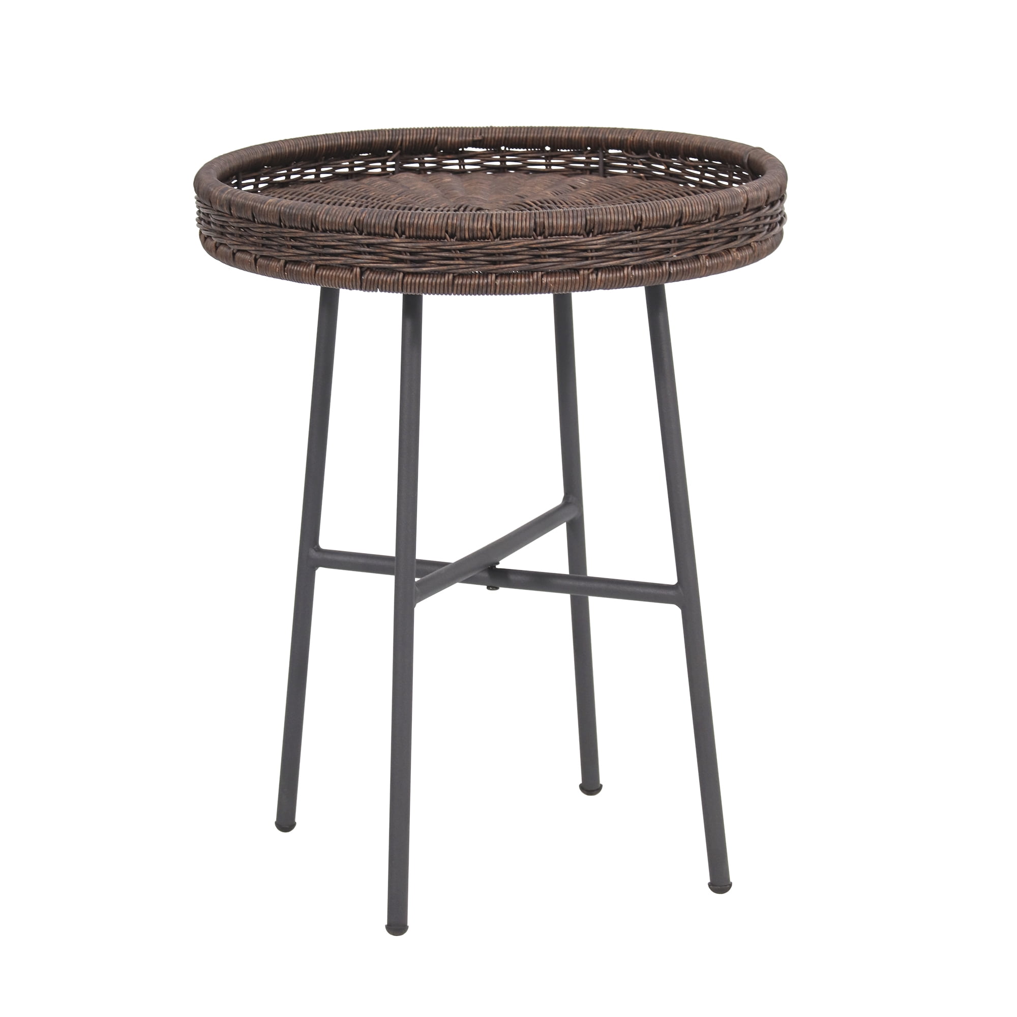 ABBLE Dark Brown Wicker Round End Table with Matte Black Metal Legs for Both Outdoor & Indoor Use