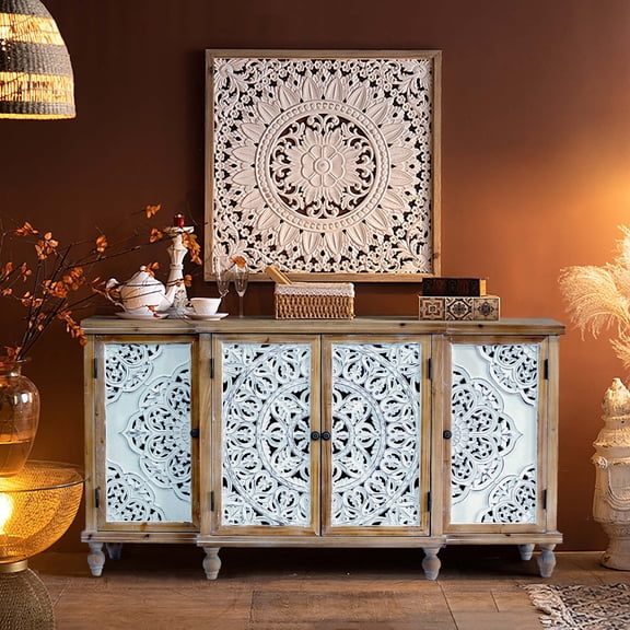Bedroom Storage 4-Door Hollow-Carved Accent Cabinet, Distressed Wood Storage Cabinet Cupboard with adjustable shelves,unique design for Kitchen, Dining Room, Living Room, Entryway, Natural wood,Woode