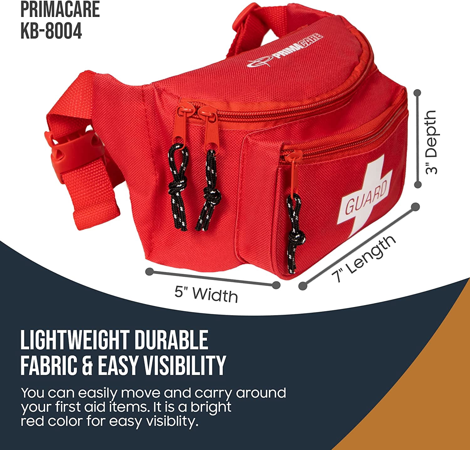 Primacare KB-8004-3 First Aid Empty Fanny Pack with 3 Pockets, Red, 8" x 2" x 6", Pack of 3 Fanny Packs