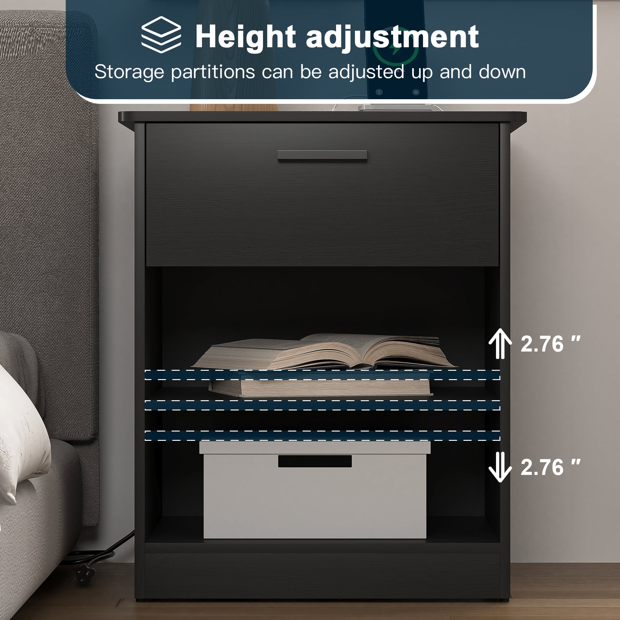 Demi Bonn 18.9" Side Table with Fast Charging Station USB C Cable Fast Charging, Wood End Table Nightstand with Drawer and Shelf for Living Room, Black