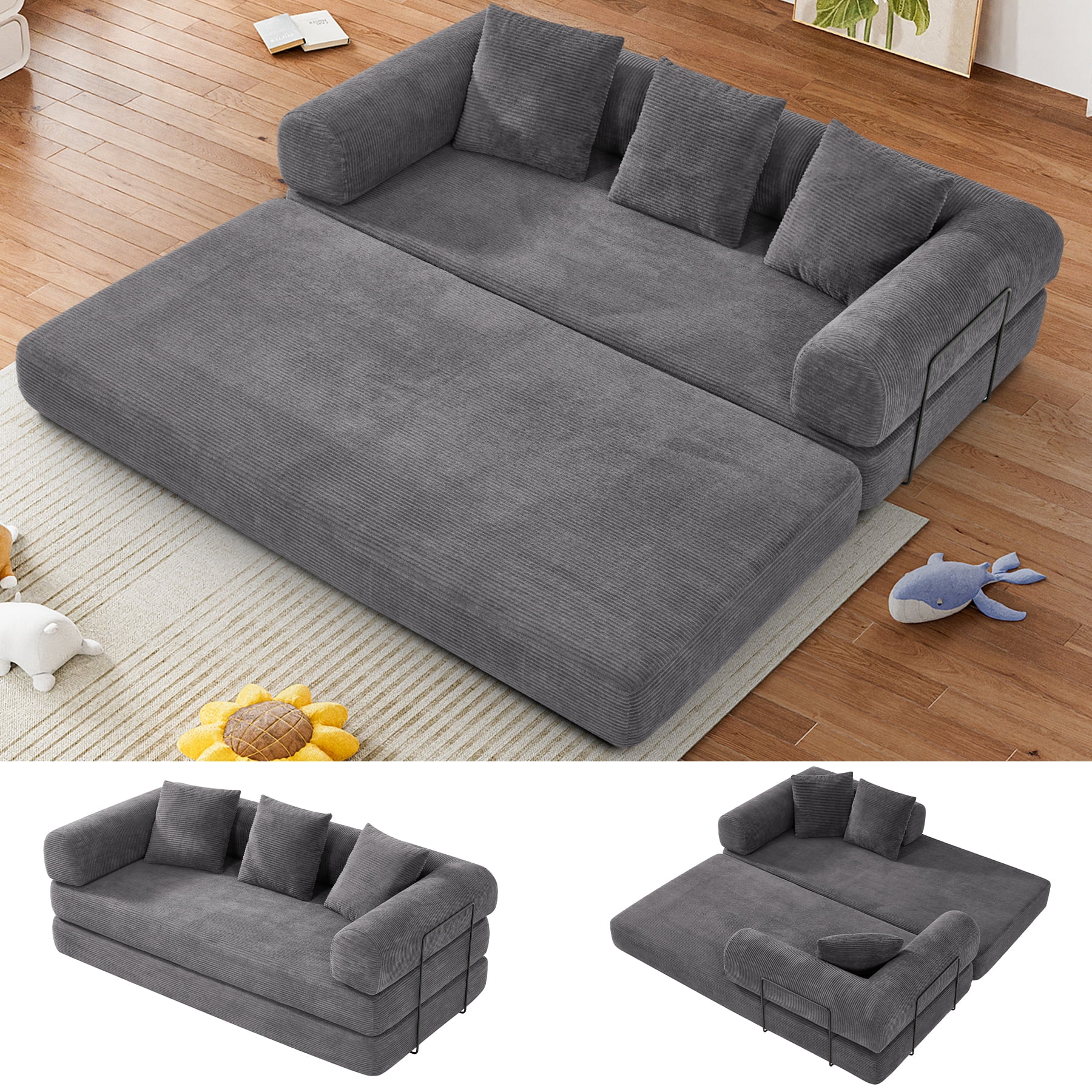 Wiilayok 78.5" Convertible Sofa Bed,Modular Corduroy Futon Sofa Couch with Pillow, 3 Seater Sofa for Living Room, Bedroom,Gray