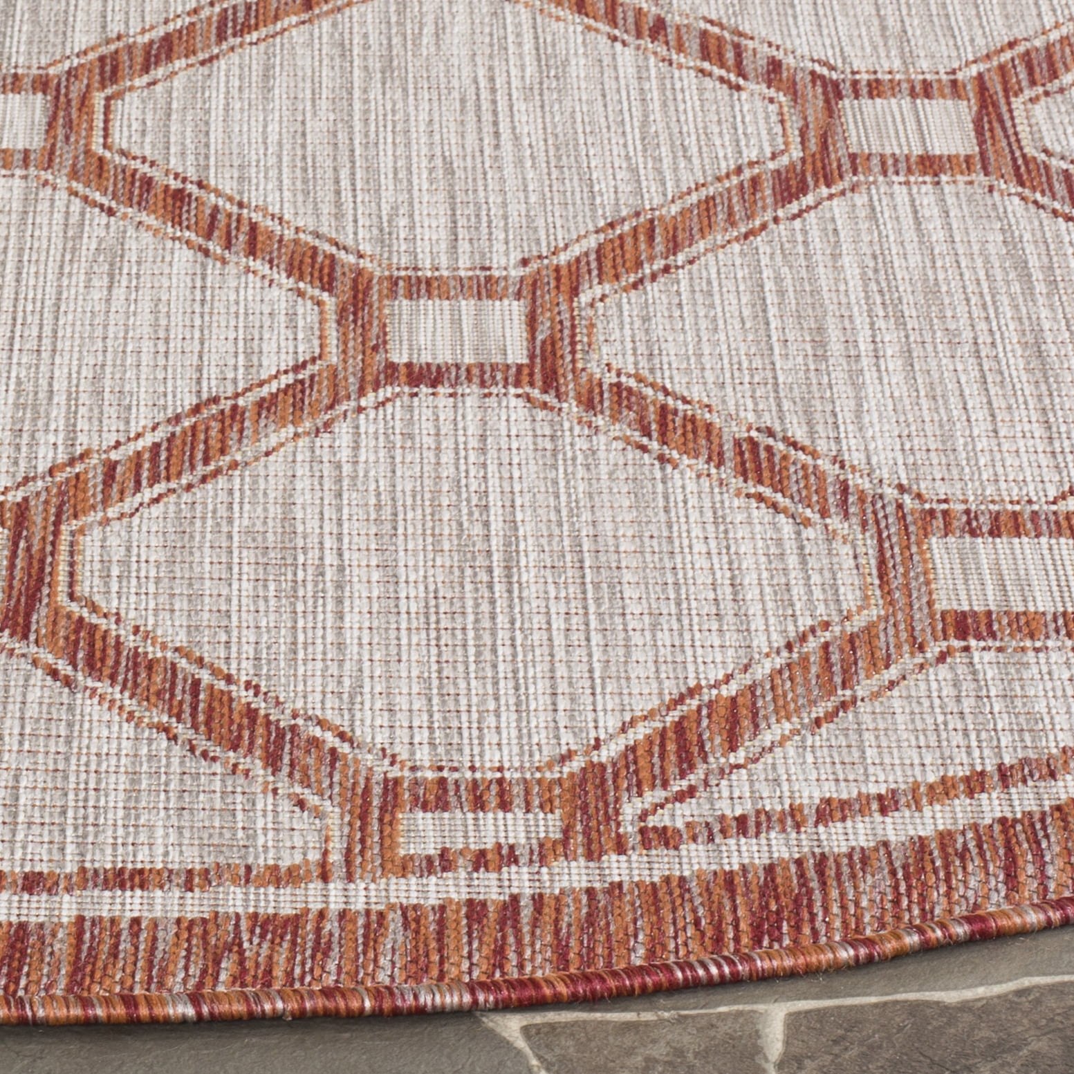 SAFAVIEH Courtyard Maksim Geometric Bordered Indoor/Outdoor Area Rug, 6'7" x 6'7" Round, Red/Beige