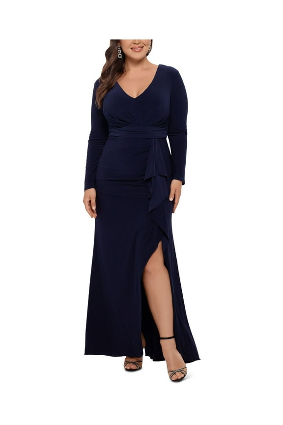 Womens Navy Stretch Ruched Zippered Ruffled Slitted Long Sleeve V Neck Full-Length Evening Sheath Dress Plus 22W
