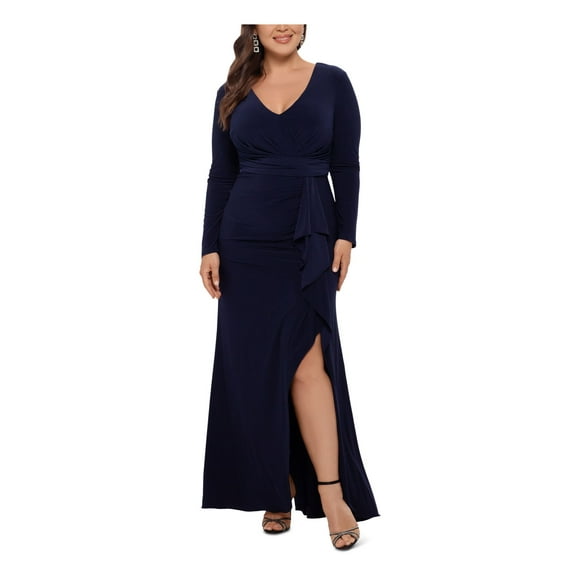 BETSY & ADAM Womens Navy Stretch Ruched Zippered Ruffled Slitted Long Sleeve V Neck Full-Length Evening Sheath Dress Plus 16W