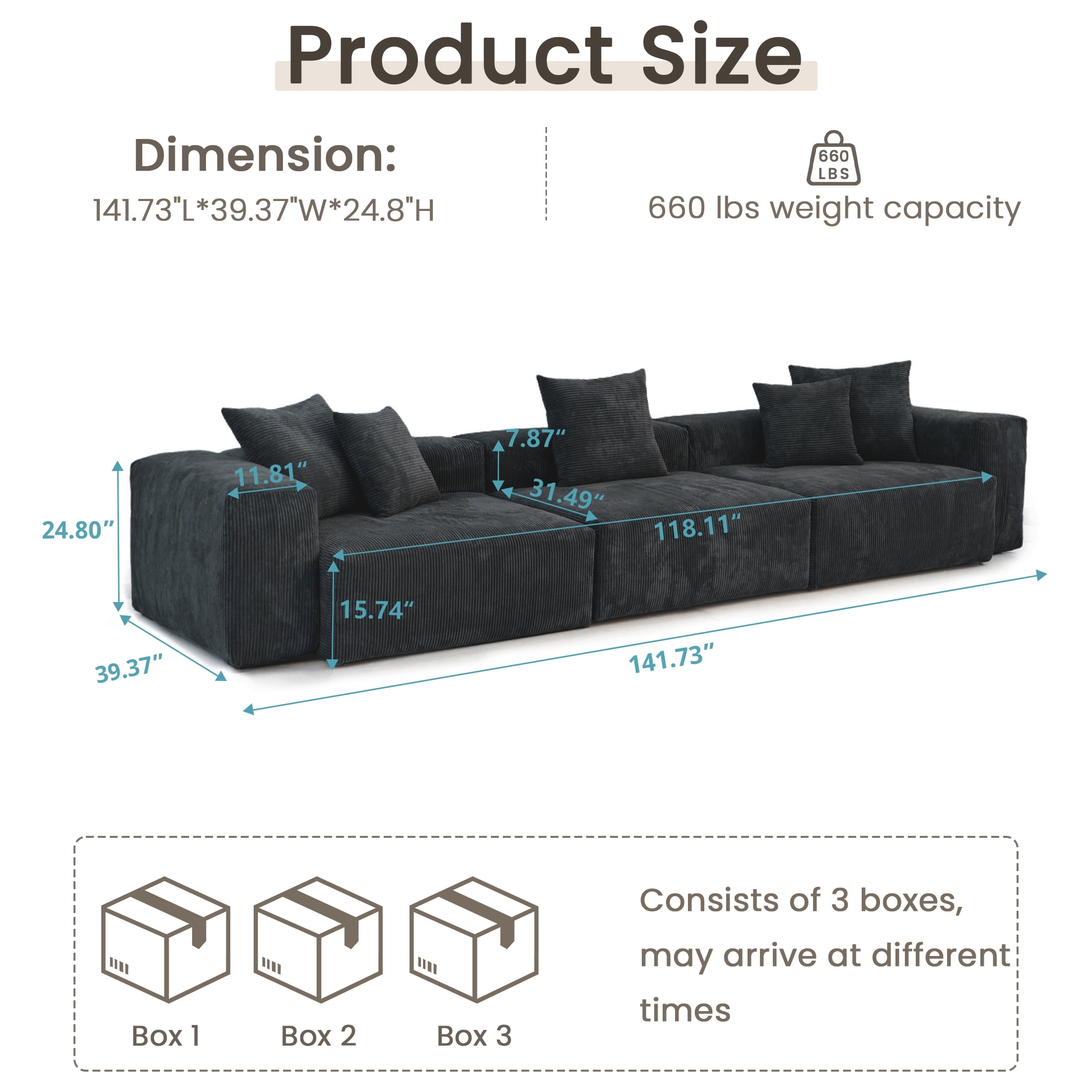Magic Home Convertible Sectional Sofa Modular Couch,Modern Corduroy Sofa with Pillows for Living Room,Apartment and Small Space,3-Seat Sofa,Black