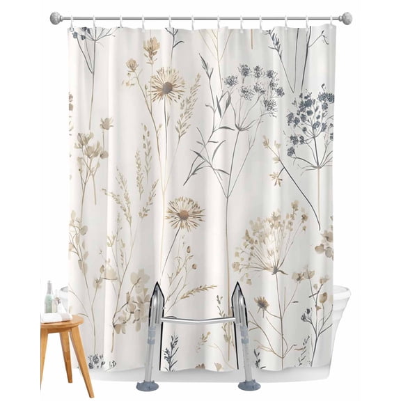 Split Shower Curtain for Transfer Bench, Beige Black Botanical Fabric Shower Curtains for Bathroom, Watercolor Floral Vintage Tub Sliding Transfer Bench Waterproof Bath Curtains 72"x72"