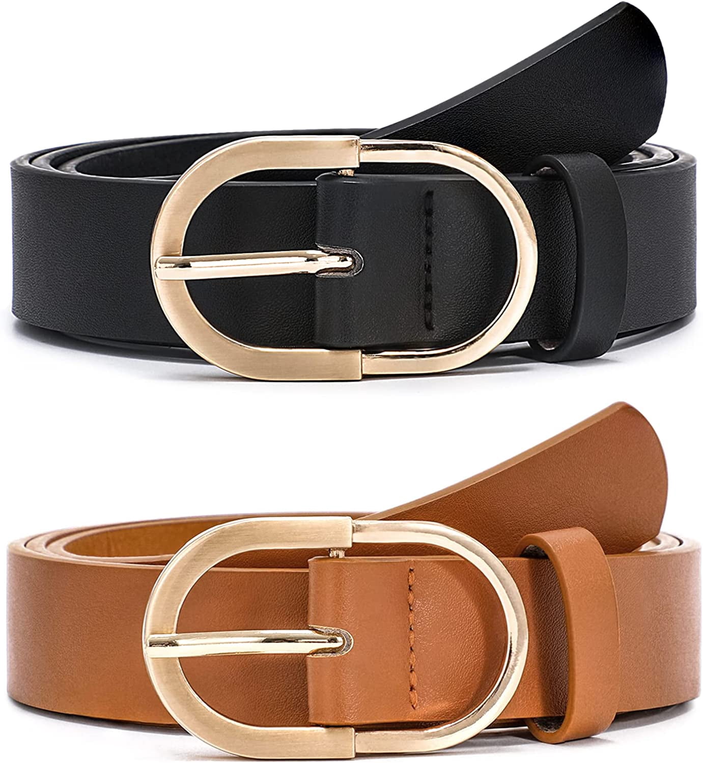 2 Pack Women's Leather Belts for Jeans Pants Fashion Gold Buckle Ladies