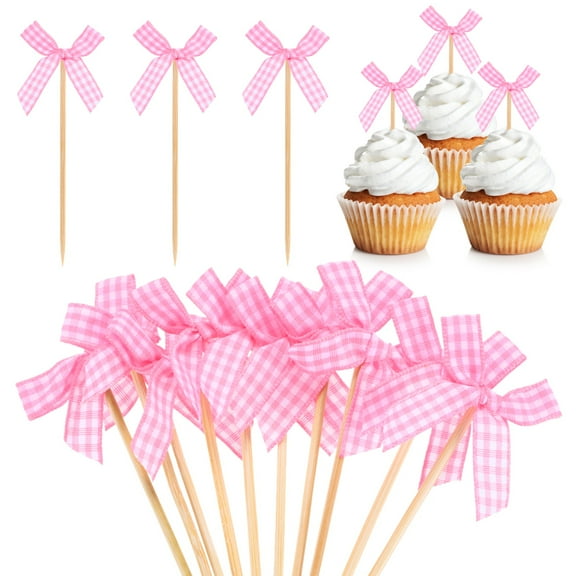 Uxcell 60-Pack Pink Bow Cupcake Toppers, Ribbon Bow Cake Toppers Plaid Bowknot Cupcake Picks Birthday Cake Decor for Bridal Shower [Pink]