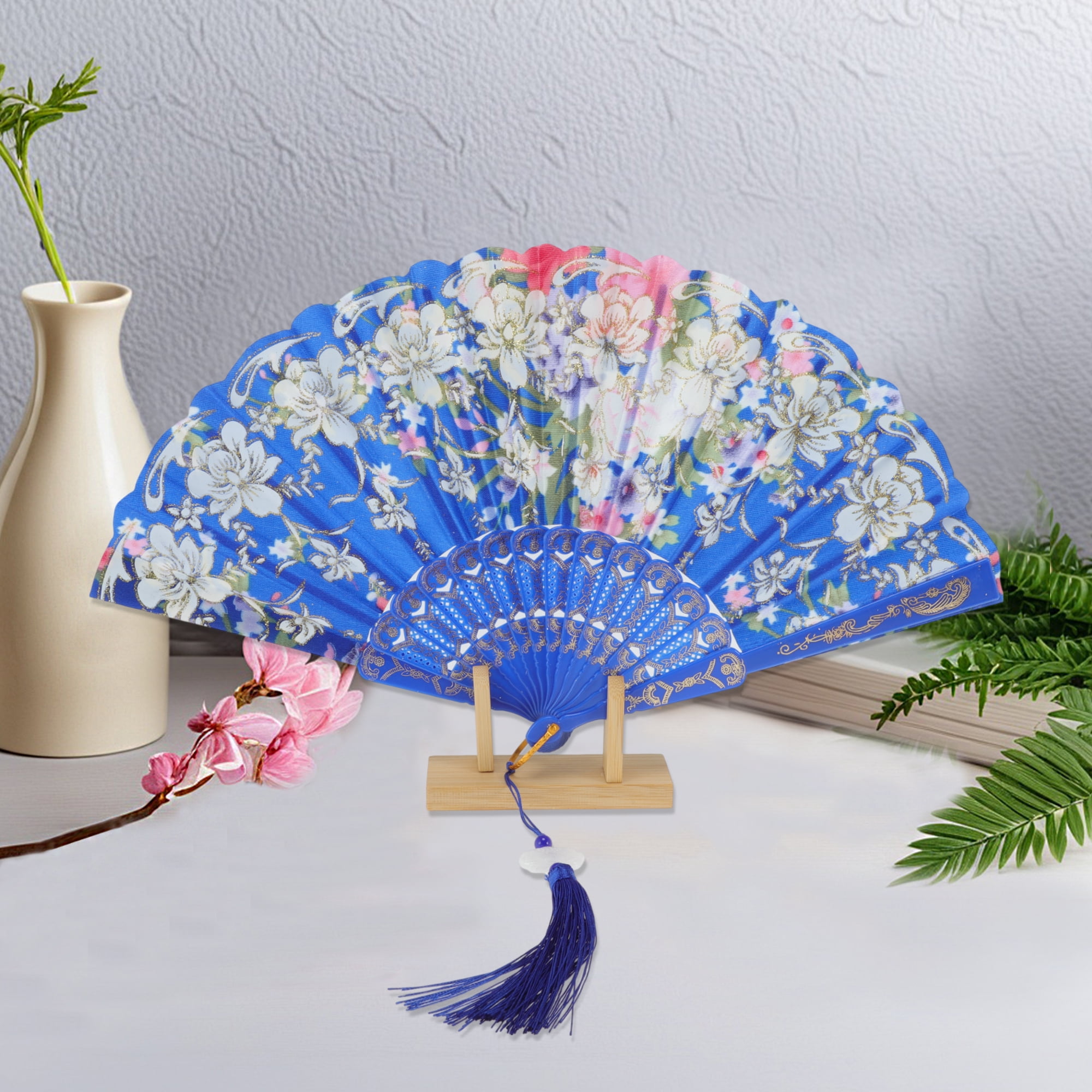 Unique Bargains Floral With Tassel Folding Fan 1Pc Blue
