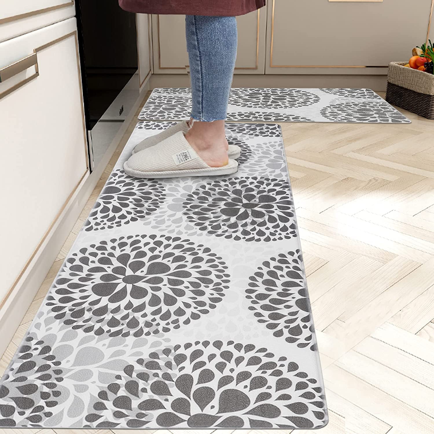 17.5 x 47inch+17.5 x 28inch;Grey Kitchen Mats Home Office 2 PCS Rug Set Non-slip Anti-Fatigue Waterproof Oil-proof Floor Mat Comfort Standing for Kitchen