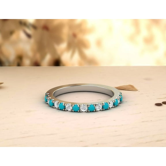 Turquoise Diamond Half Eternity Band, Silver Band, Zircon Stacking Band, Natural Turquoise Art Deco Band, Anniversary Gift Ring For Her