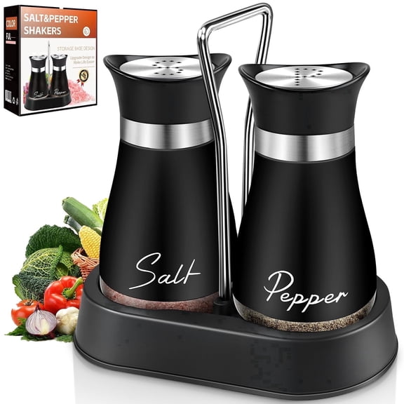 2-Pack Salt and Pepper Shakers, 4 oz Spice Jars with Base Handle, Glass Material, Suitable for kitchen Camping Barbecue (Black)