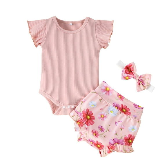 Dooleck Ribbed Baby Clothes Floral Outfit Infant Bodysuit Onesies Bloomer Shorts Set