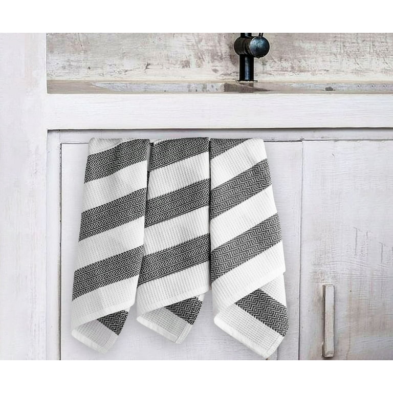 Urban Villa Set of 6 Kitchen Towels Highly Absorbent 100% Cotton Dish Towel 20x30 inch with Mitered Corners Trendy Stripes Black/White Bar Towels 