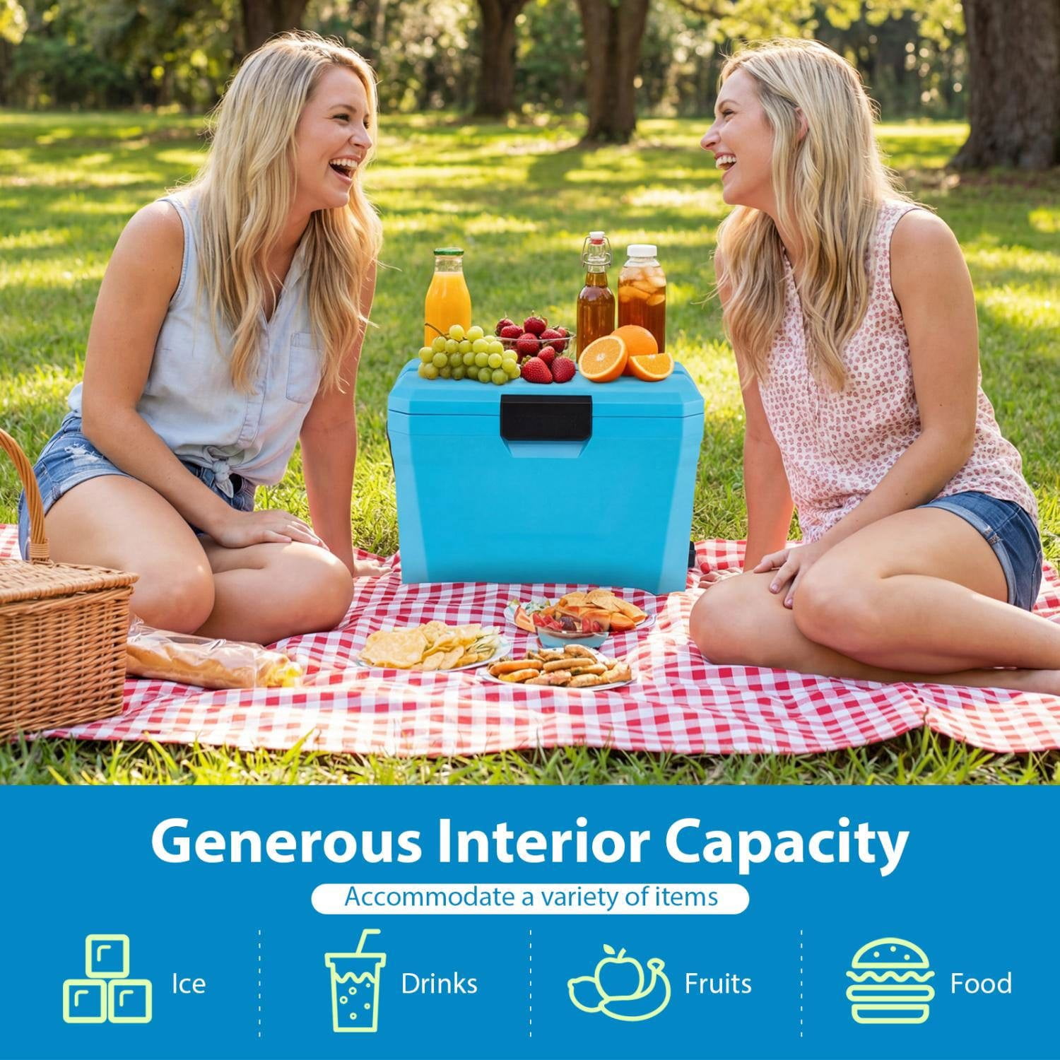 Resenkos Insulated Hard Shell Portable Cooler Ice Chest with 2 Cup Holders, Leak Proof Outdoor Cooler for Camping, Beach and Picnics, Blue