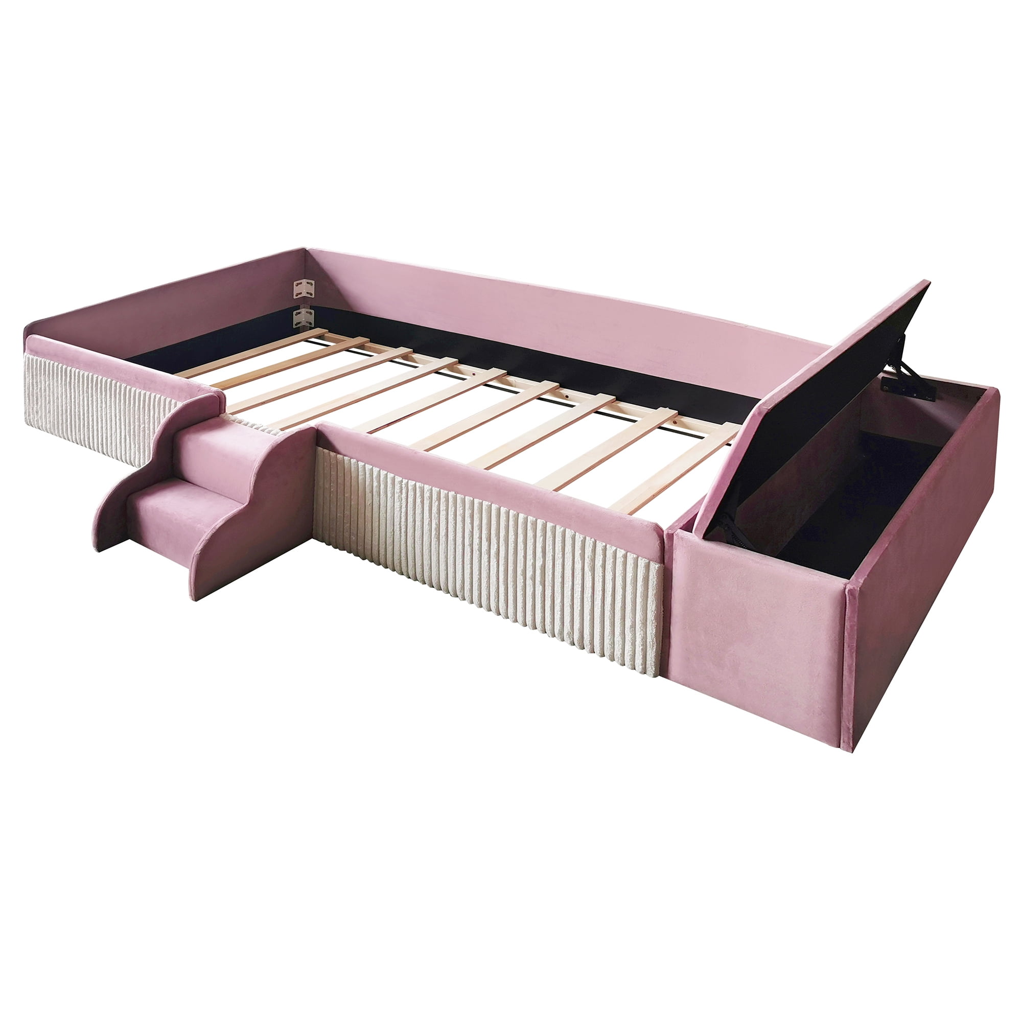 Leumius Twin Size Floor Bed Frame with Stairs & Gas Lift Storage Ottoman, Velvet Upholstered Daybed with Padded Guardrails, Pink+White
