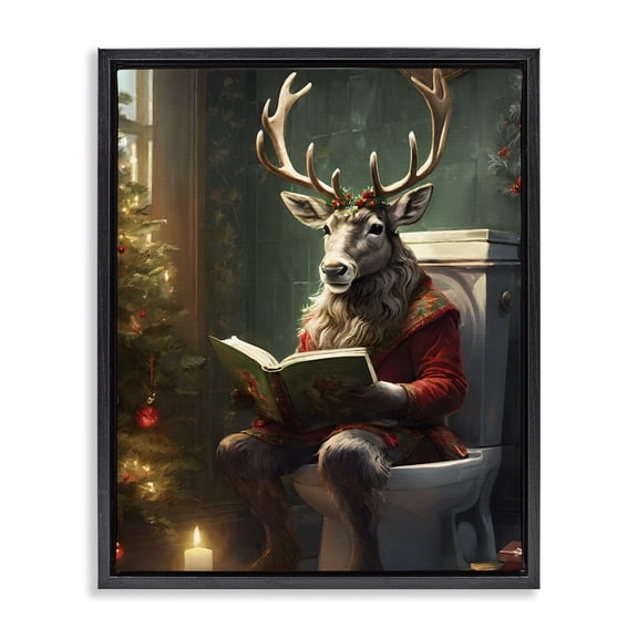 Stupell Industries Reindeer in Festive Bathroom Animals Painting Black Floater Framed Canvas Art Print Wall Art, 17 x 21