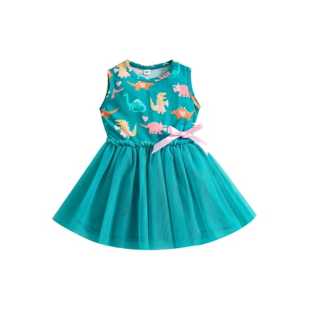 

ZIYIXIN Baby Kid Girls Summer Tutu Dress Sleeveless Rainbow Dinosaur Printed Patchwork Bowknot Tulle Dress Green 3-4 Years