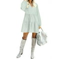thumbnail image 3 of FANCYINN Long Sleeve Shift Tunic Dress Ruffle Swing Babydoll Juniors Mini Tiered Dress with Pockets Green Pinstripe XS, 3 of 6