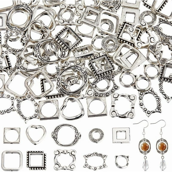 1 Box 100Pcs 10 Styles Square Bead Frame Alloy Bead Frames Bulk Tibetan Vintage Silver Hollow Metal Spacers for Jewelry Making Assortments DIY Craft Bracelets Necklaces Earrings