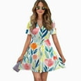 thumbnail image 2 of Watercolor Floral Summer Bright Design Women Dress V-Neck Short Sleeve Flowy Swing Party Midi Dress, 2 of 4