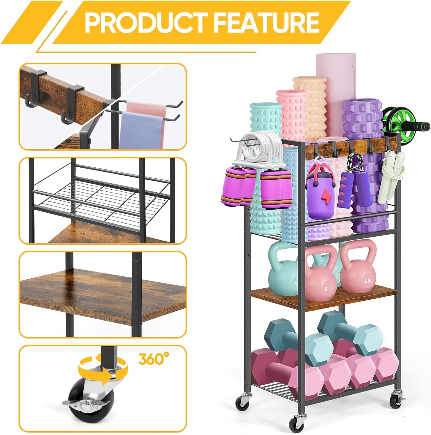 This heavy-duty home gym storage rack and yoga mat holder is a fitness equipment organizer with hooks and wheels suitable for storing dumbbells and other exercise equipment