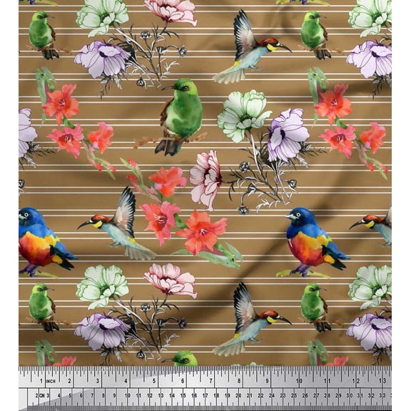 Soimoi Cotton Duck Fabric Stripe,Birds & Anemone Floral Fabric Prints By Yard 42 Inch Wide