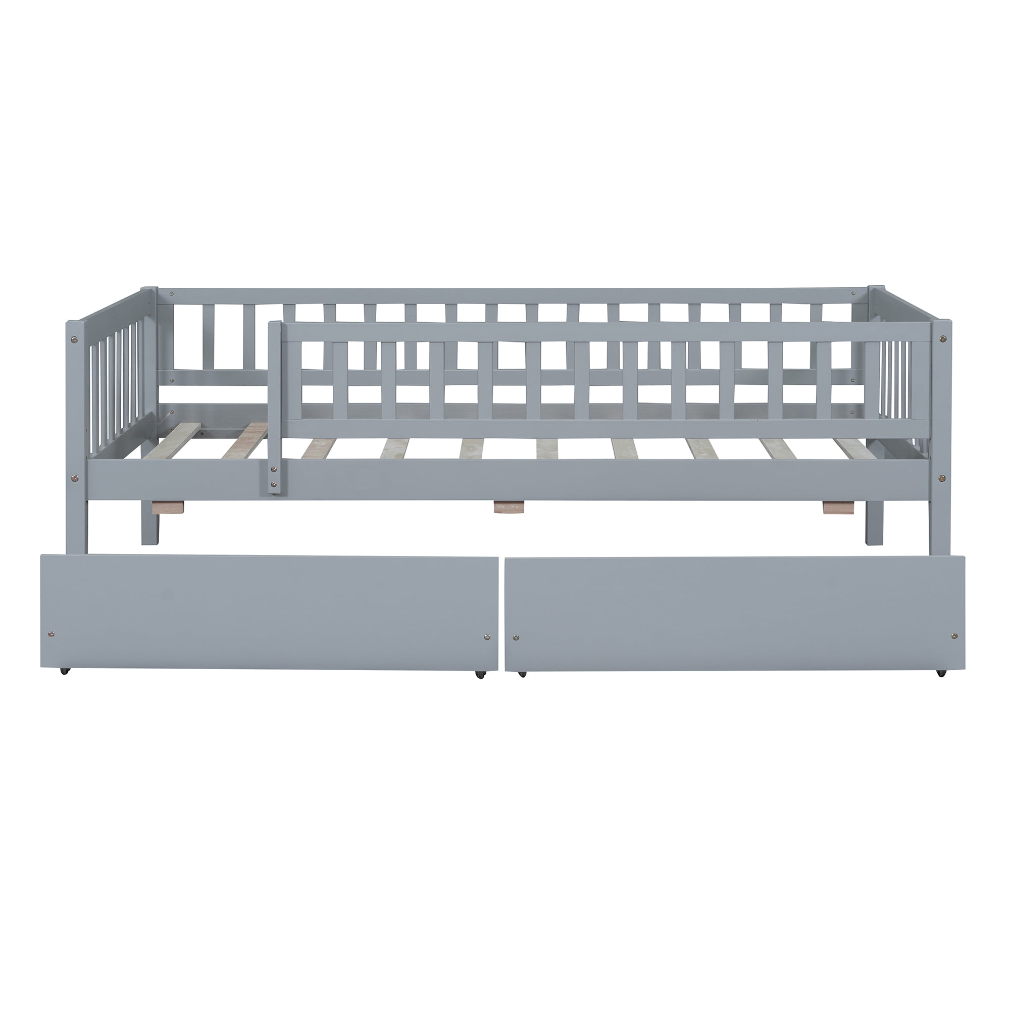 Bellemave Twin Daybed with Storage and Fence, Wooden Twin Size Platform Bed with Rails and 2 Drawers, Low Loft Bed Frame, No Box Spring Needed (Gray)