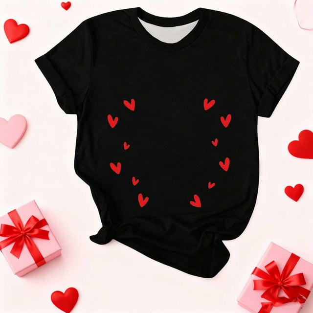 Aufmer 5 Pcs T-Shirt à Manches Courtes Imprimé pour Femmes, T-Shirt Col Rond Décontracté avec Motif à la Mode, Haut en Polyester Doux pour Printemps Été, Usage Quotidien Polyvalent pour Diverses Occasions (Noir)