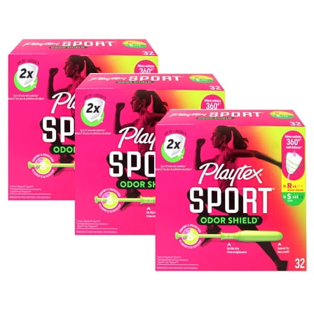 Playtex Sport Odor Shield Tampons (16ct Regular/16ct Super), with 360 Leak Defense, Unscented, 32 Count - 3 Pack