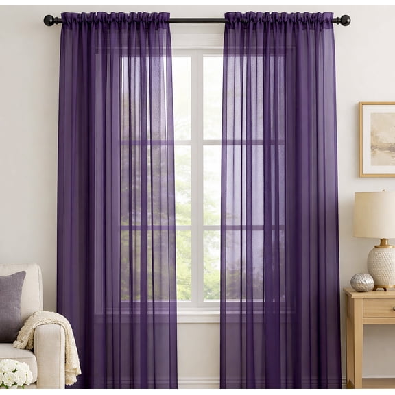 Purple Sheer Window Rod Pocket Curtain Set - 90" Inches Long (2 Panels)