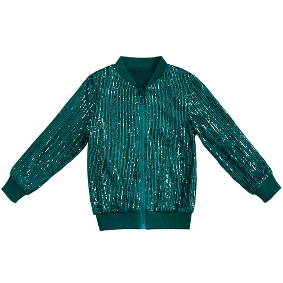 AINIYS Kids' Sequin Jacket with Ribbed Collar Zipper Closure Sparkly Lightweight Coat for Party Casual Daily Wear Army Green 100