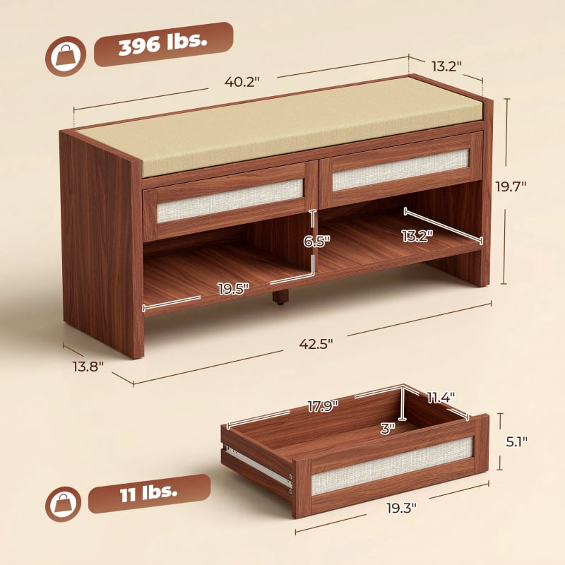 Alvantor Shoe Storage Bench with Rattan Drawers & Cushioned Seat for Entryway 42.5"x13.8"x19.7" Brown